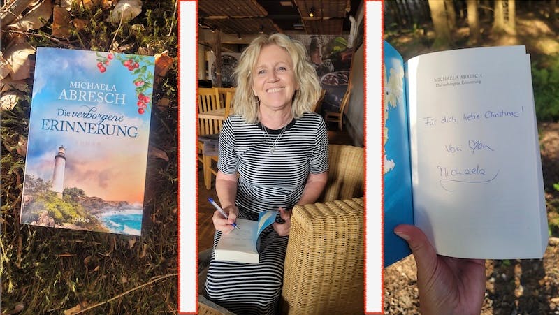 Die Autorin Michaela Abresch signiert ihr Buch "Die verborgene Erinnerung" für Christine Piontek.