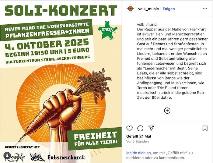 Screenshot eines Posts auf Instagram für ein Konzert für Tierrechte am 4. Oktober 2025 in Aschaffenburg mit Informationen über volk_music