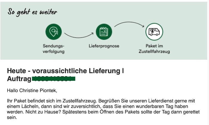 Screenshot von der Lieferankündigung für ein Paket