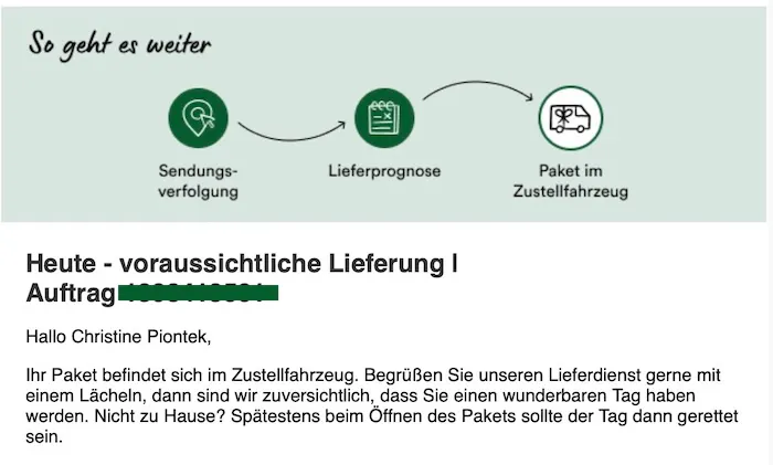 Screenshot von der Lieferankündigung für ein Paket