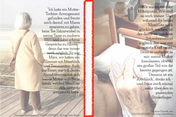 Zwei Postkarten von Christine Piontek mit Motiven und Zitaten aus ihrem Buch "17 JAHRE DEMENZ – So long, liebe Mama"