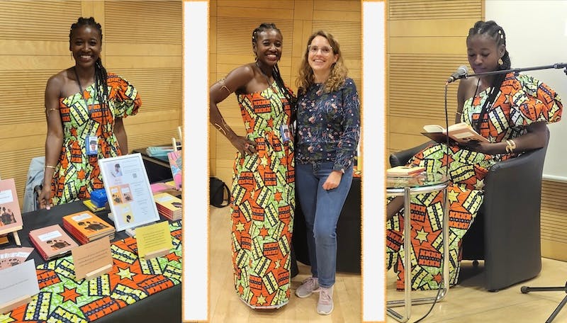Die Autorin Brigitte Malungo an ihrem Stand, zusammen mit Christine Piontek und bei der Lesung aus ihrem Buch "Meine Haut packt aus", aufgenommen beim dritten Madiba-Buchfestival in Dortmund