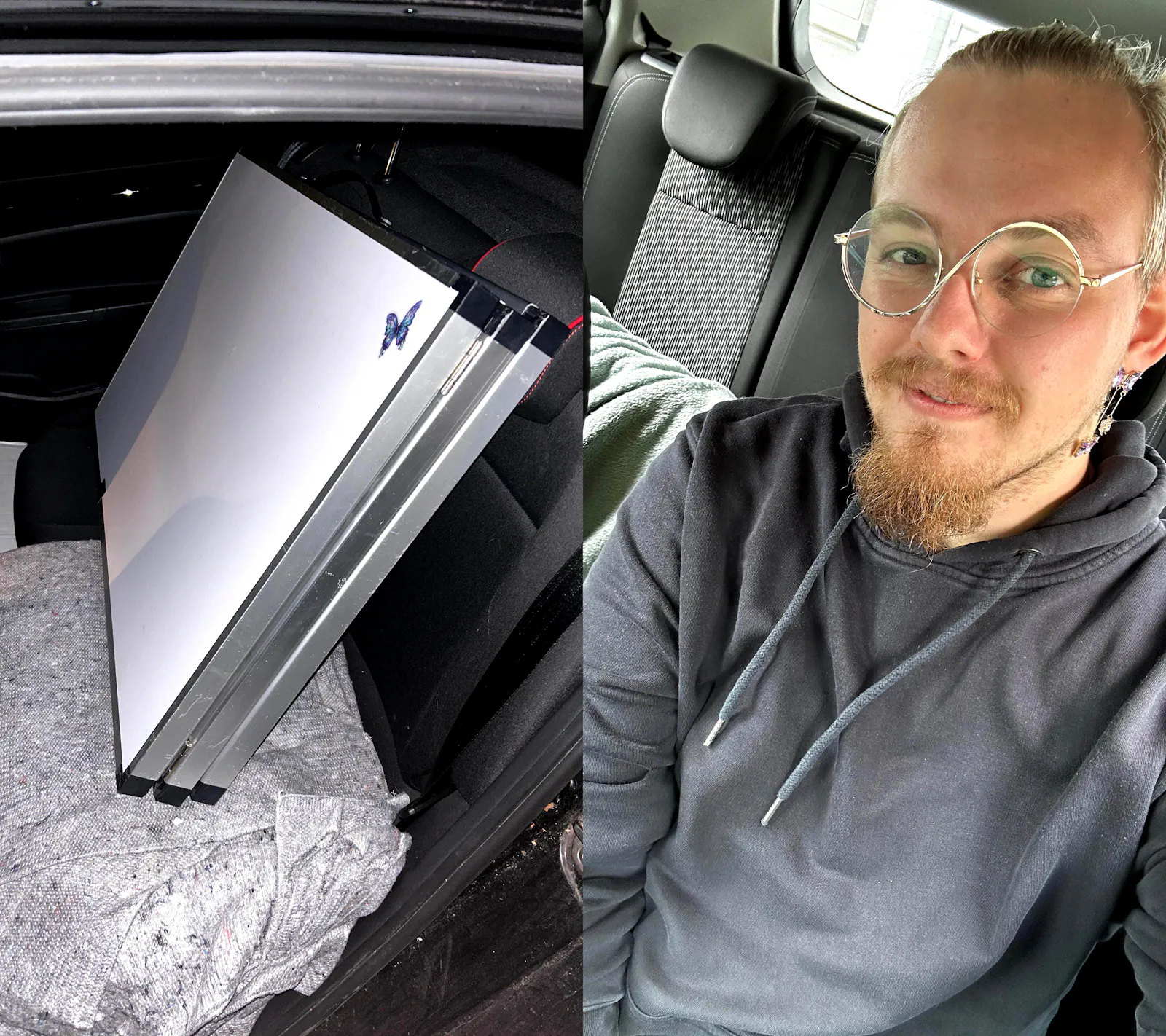 Bild 1: Ein Bild vom Tisch im Auto von Aylin. Bild 2: J, der sich bereit macht eine weite Reise mit dem Tisch zu unternehmen. Er sitzt in seinem Auto und lächelt in die Kamera.