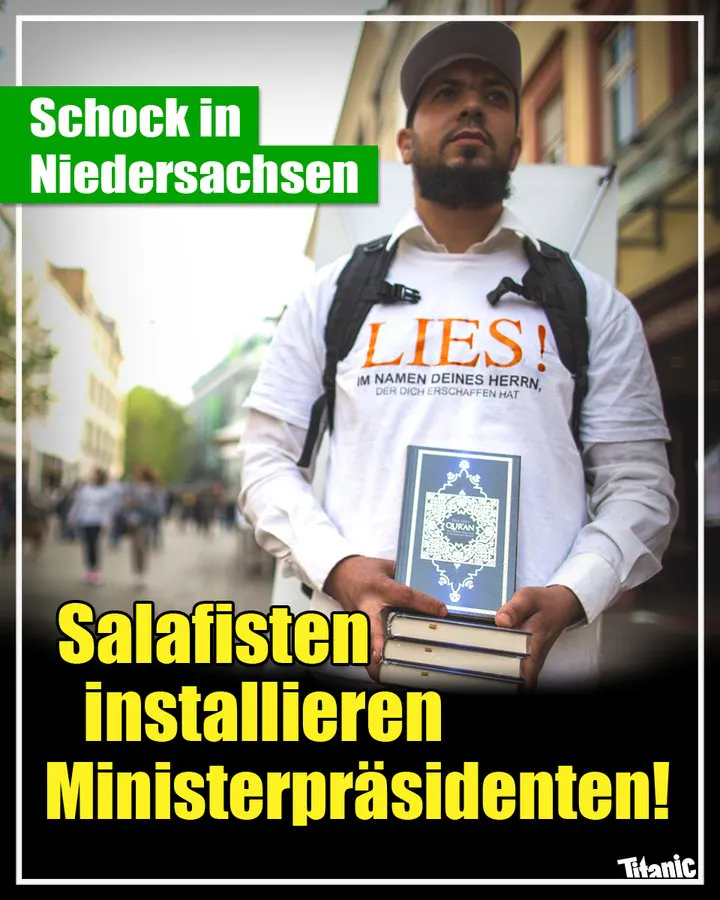 Ein junger Mann steht auf der Straße und bietet den Koran an. Auf seinem T-Shirt steht: »Lies! Im Namen deines Herrn, der dich erschaffen hat«. Dazu die Zeile: »Schock in Niedersachsen: Salafisten installieren Ministerpräsidenten!«