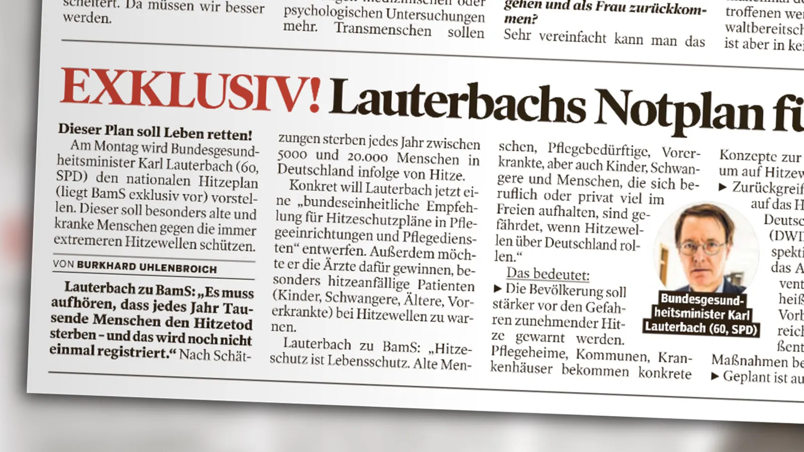 Ausriss aus der „Bild am Sonntag“. Artikel mit der Überschrift: „EXKLUSIV! Lauterbachs Notplan ...“