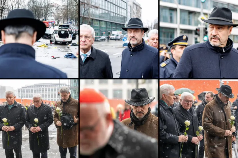 Bilder vom Ort des Anschlags in München, der sich im Hintergrund befindet. Den Vordergrund nimmt auf allen sechs Bildern Markus Söder ein.