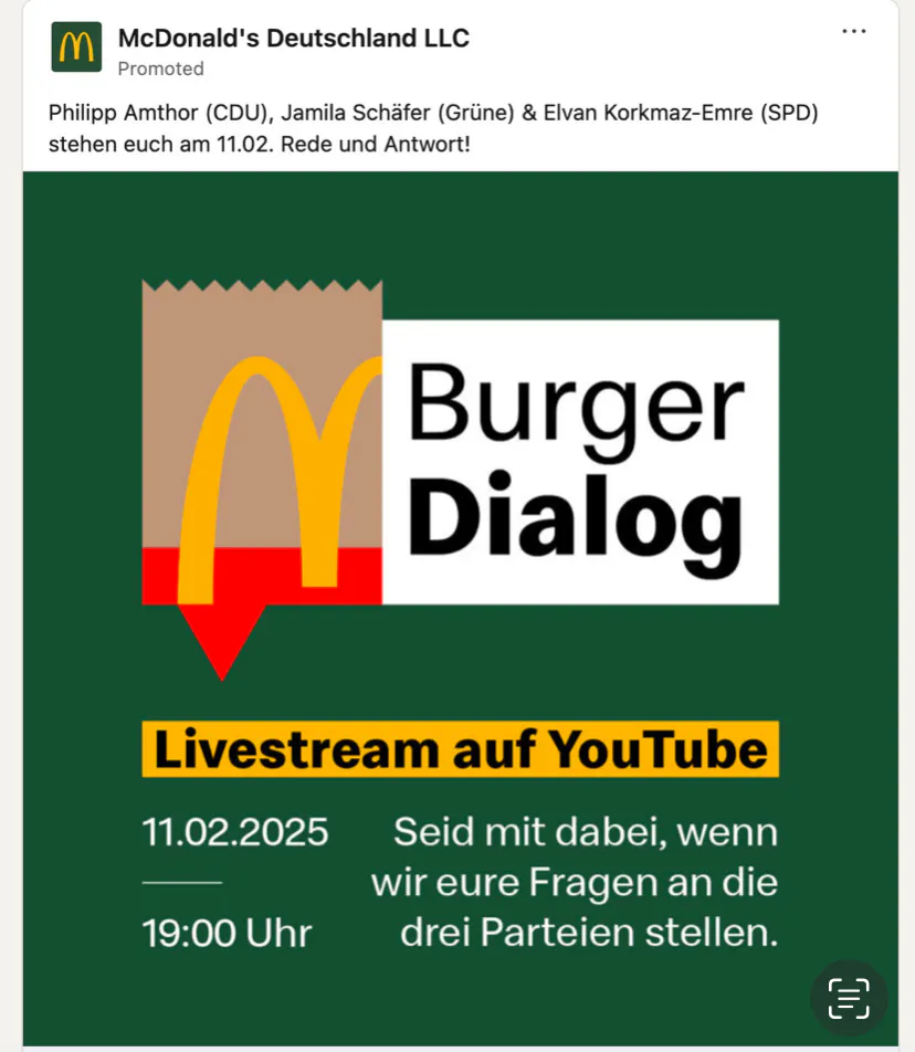 Sharepic von McDonald's für den Burger-Dialog unter anderem mit Philipp Amthor & Jamila Schäfer, übertragen auf YouTube