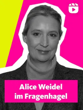 Ein flippig in gelb und pink unterlegtes Bild von Alice Weidel, mit dem Text "Alice Weidel im Fragenhagel"