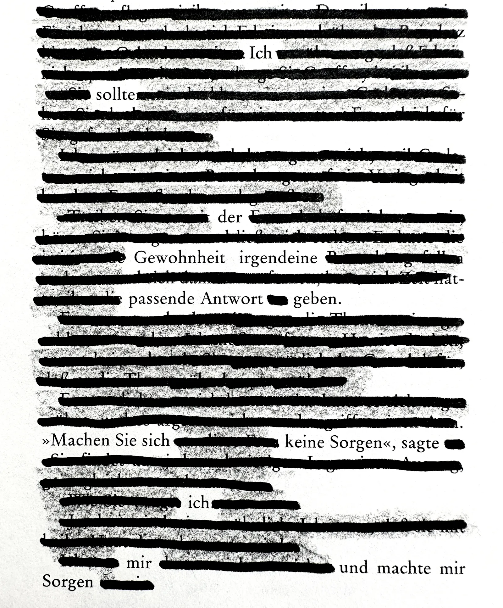 Textverdunkelung. Ich sollte der Gewohnheit irgendeine passende Antwort geben. "Machen Sie sich keine Sorgen", sagte ich zu mir und machte mir Sorgen.