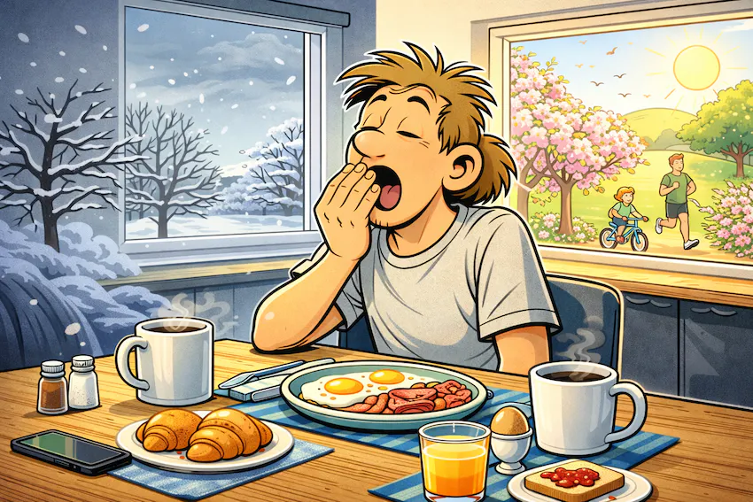 Eine KI-Comic-Bild: Ein Mann sitzt gähnend am Frühstückstisch.
