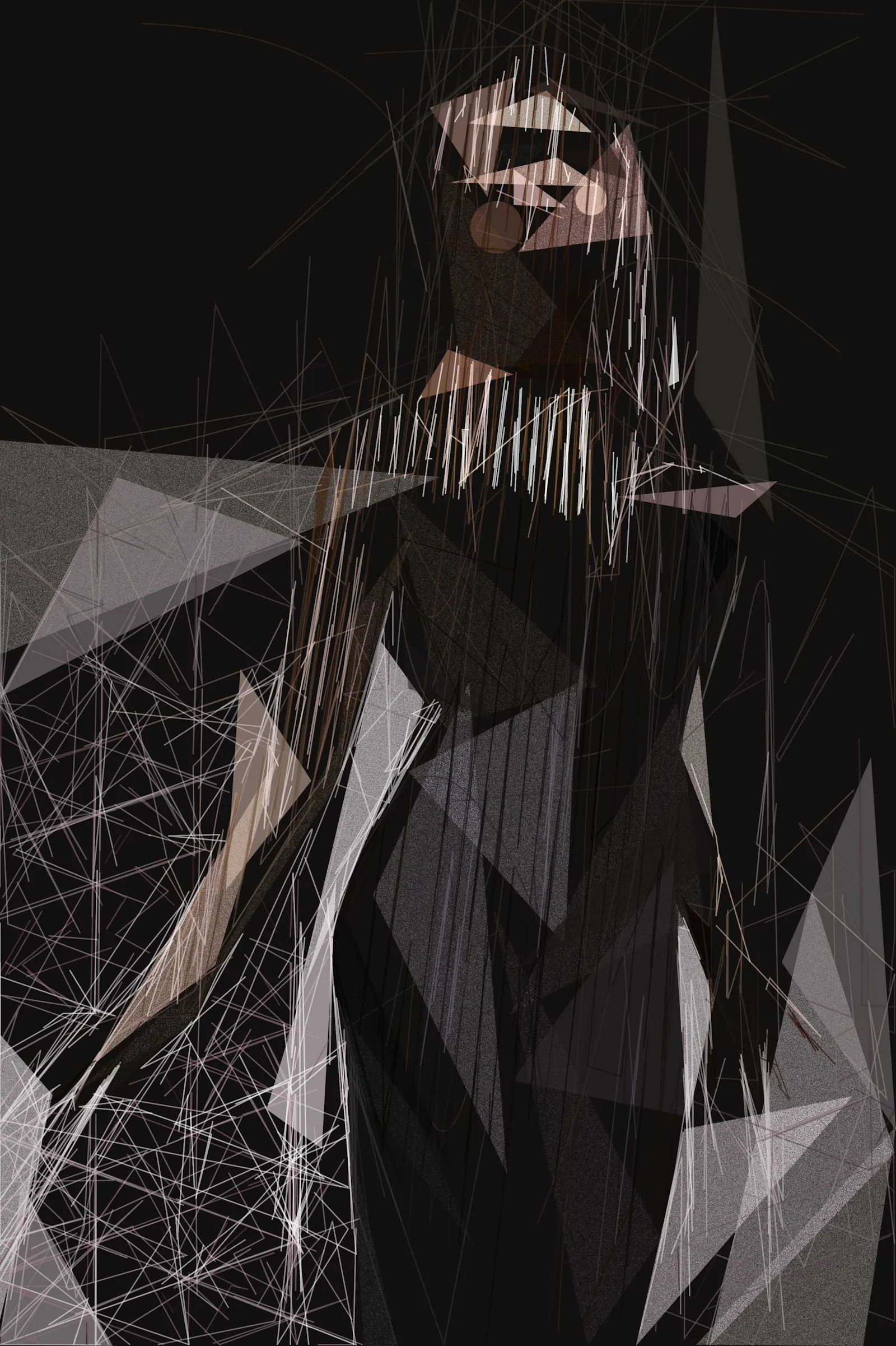 A sharp woman made out of sharp, slightly skewed lines.