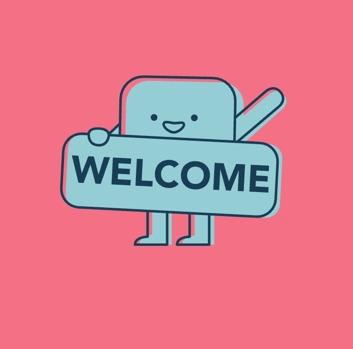Ein grünes Männchen, das ein Schild in der Hand hält, auf dem Welcome steht