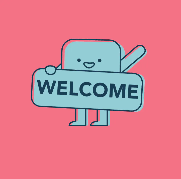Ein grünes Männchen, das ein Schild in der Hand hält, auf dem Welcome steht