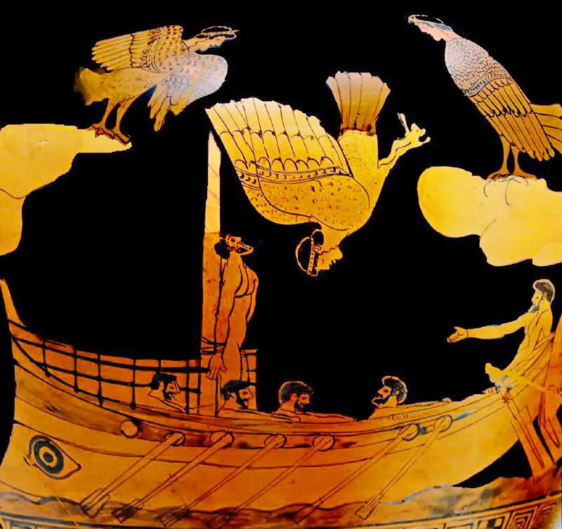 antike Vase, Sirenen und Odysseus, schwarzer Untergrund, Figuren ausgelassen (nicht schwarz bemalt)