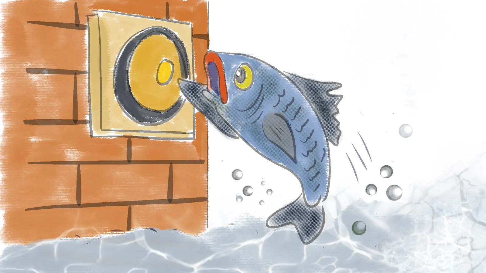 Fish springt aus dem Wasser und drückt mir der Flosse eine Klingel