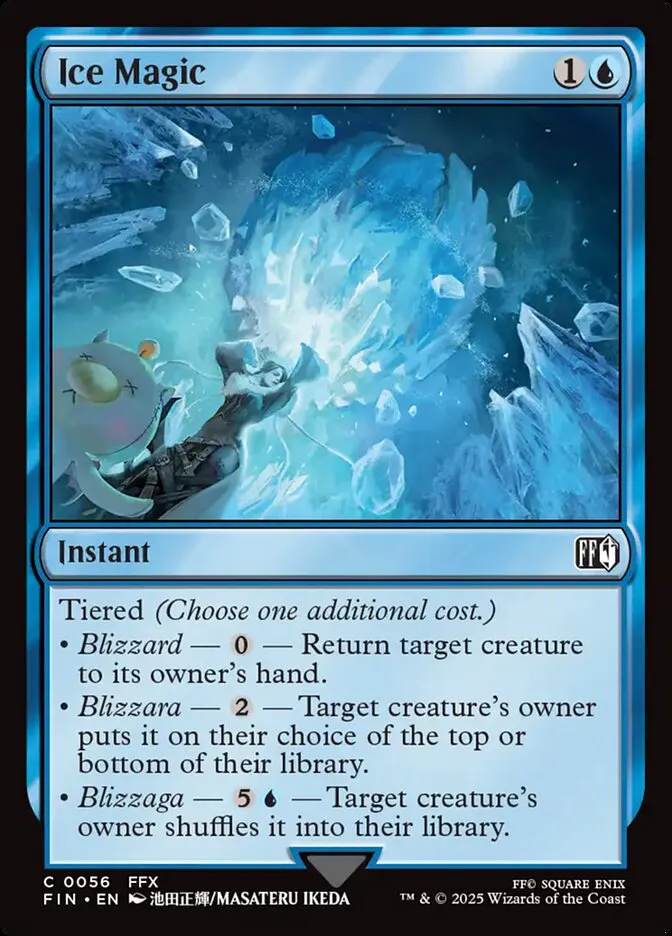 Die Karte "Ice Magic" aus dem kommenden Final-Fantasy-Set von Magic: The Gathering. Sie hat drei Optionen sie zu spielen, die den drei Endungen von Final Fantasys Blizzard, Blizzara und Blizzaga entsprechen.