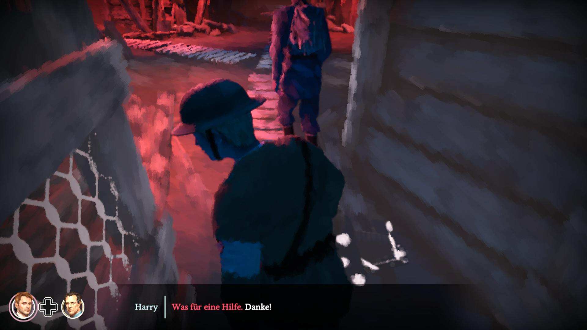 Ein Screenshot aus 11-11: Memories Retold, mit der Textzeile "Was für eine Hilfe. Danke!" vom Soldaten Harry. dabei ist nur das "Danke" weiß markiert, der Rest ist rot.