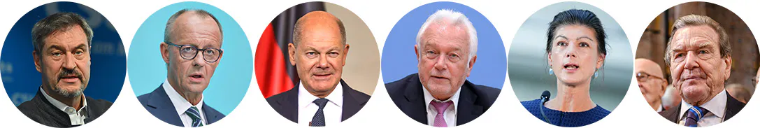 Porträts von Markus Söder, Friedrich Merz, Olaf Scholz, Wolfgang Kubicki, Sahra Wagenknecht und Gerhard Schröder