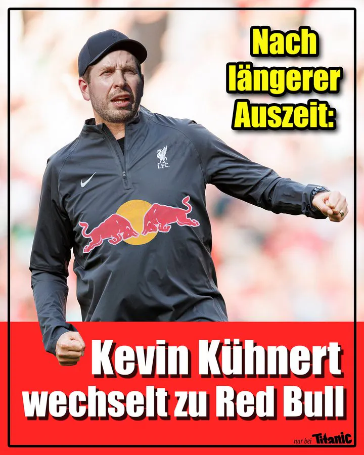 Kevin Kühnert mit Kappe trägt ein Redbull-Trikot. Seine Fäuste sind geballt. Zeile: Nach längerer Auszeit: Kevin Kühnert wechselt zu Red Bull.