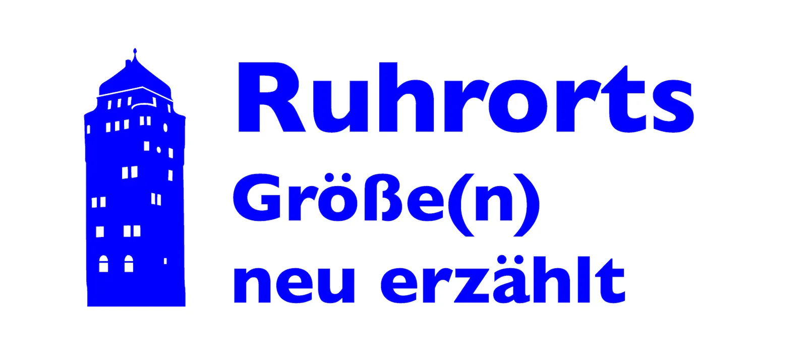 Logo in blau: Links, der stilisierte Brückenturm der Ruhrort-Homberger Brücke. Rechts daneben der Schriftzug: Ruhrorts Größe(n) neu erzählt.