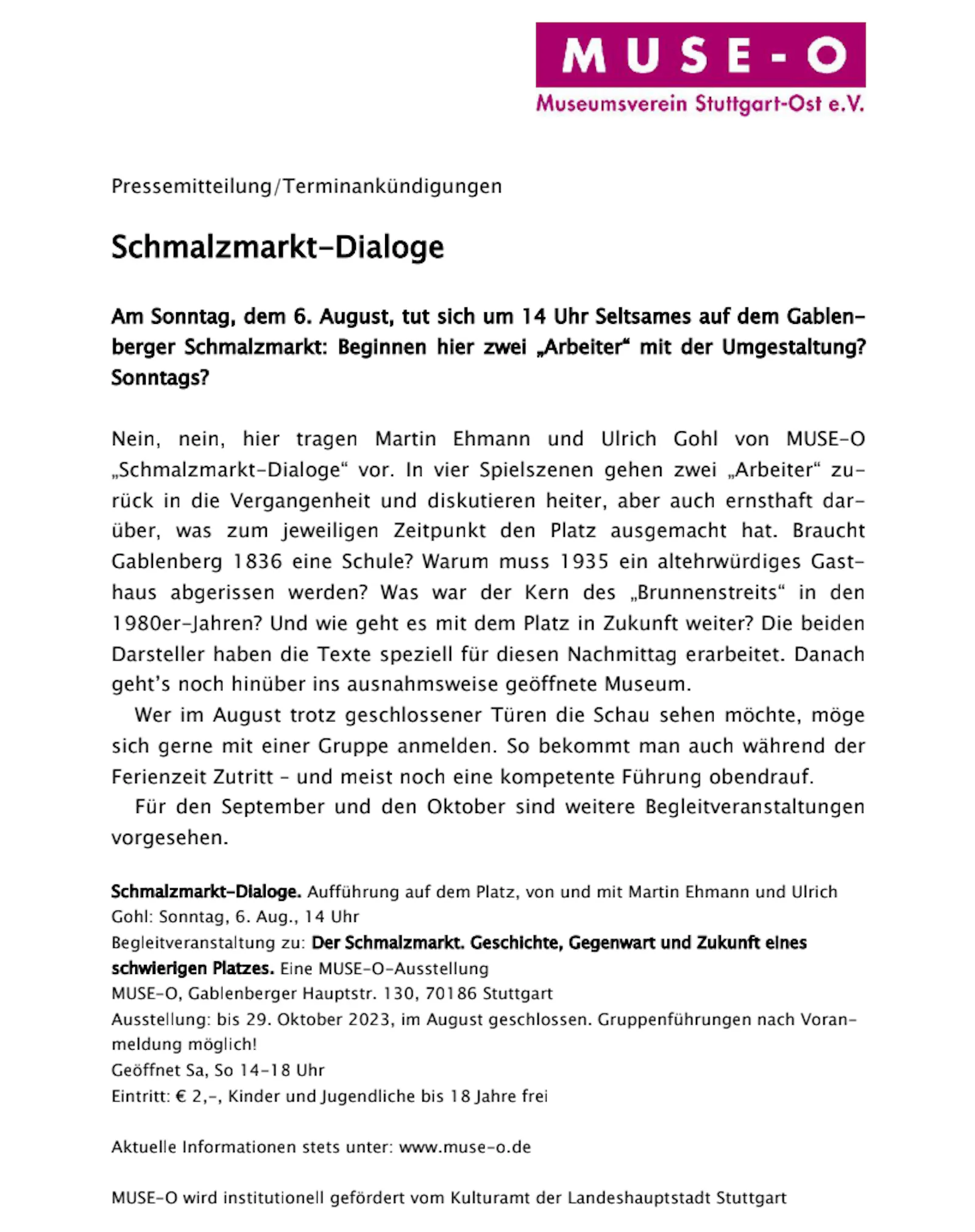 Pressemitteilung des Museumsverseins Stuttgart-Ost (Muse-O) zur Veranstaltung "Schmalzmarkt-Dialoge"