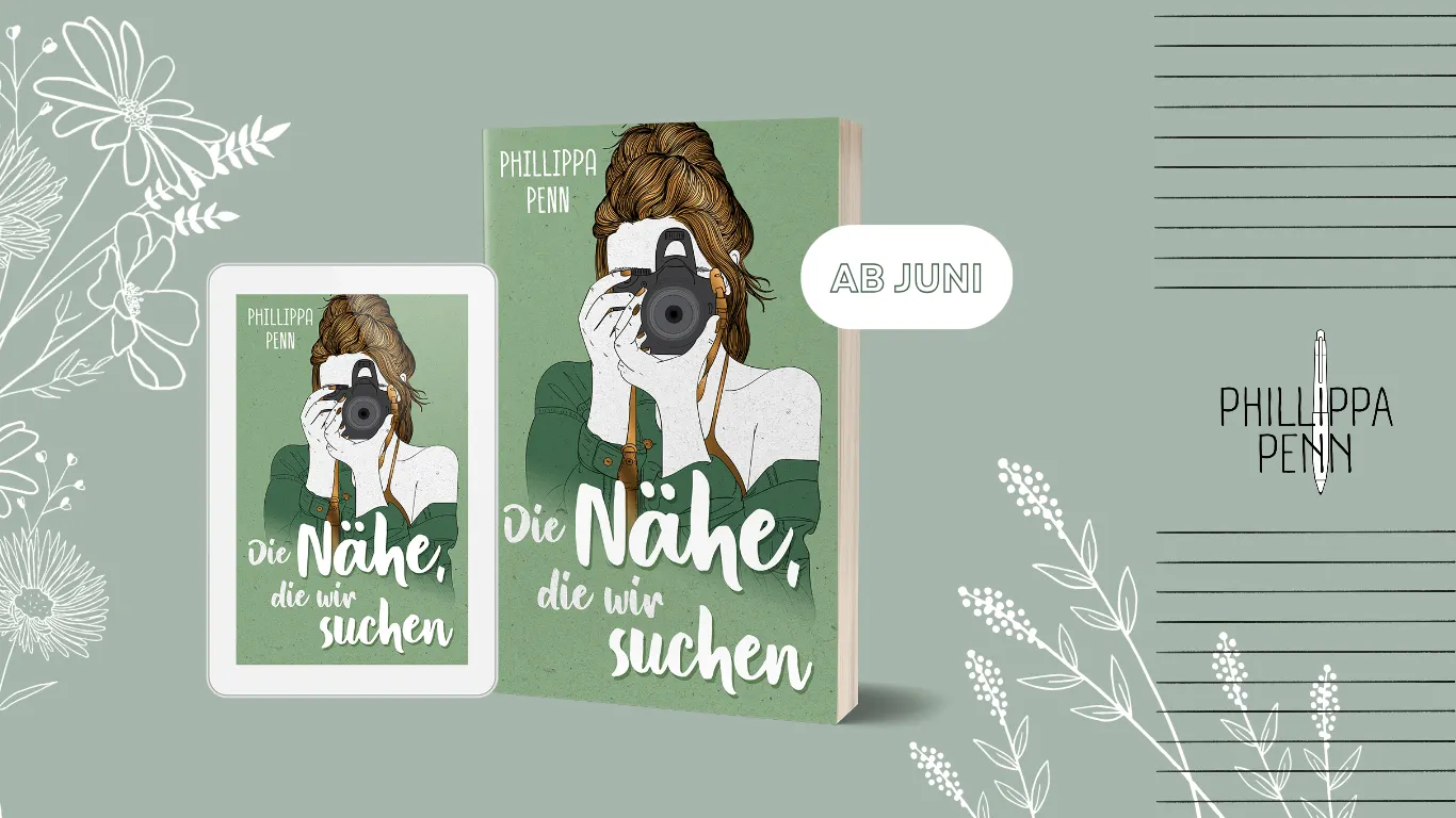 Das Bild zeigt das Cover des Buchs "Die Nähe, die wir suchen" von Phillippa Penn. Die Illustration einer jungen Frau, die eine Kamera vor ihr Gesicht hält, ist darauf zu sehen. Das Cover ist in Weiß-, Grün- und Brauntönen gehalten. Eine Sprechblase in der Grafik weist darauf hin, dass das entsprechende Buch im Juni erscheint.