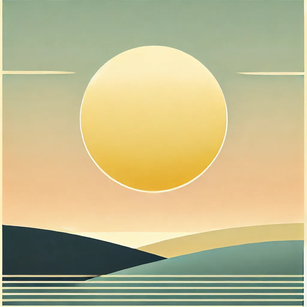 Eine abstrakte Illustration eines Sonnenuntergangs. Farben: Grün-blau, gelb, schwarz, orange.