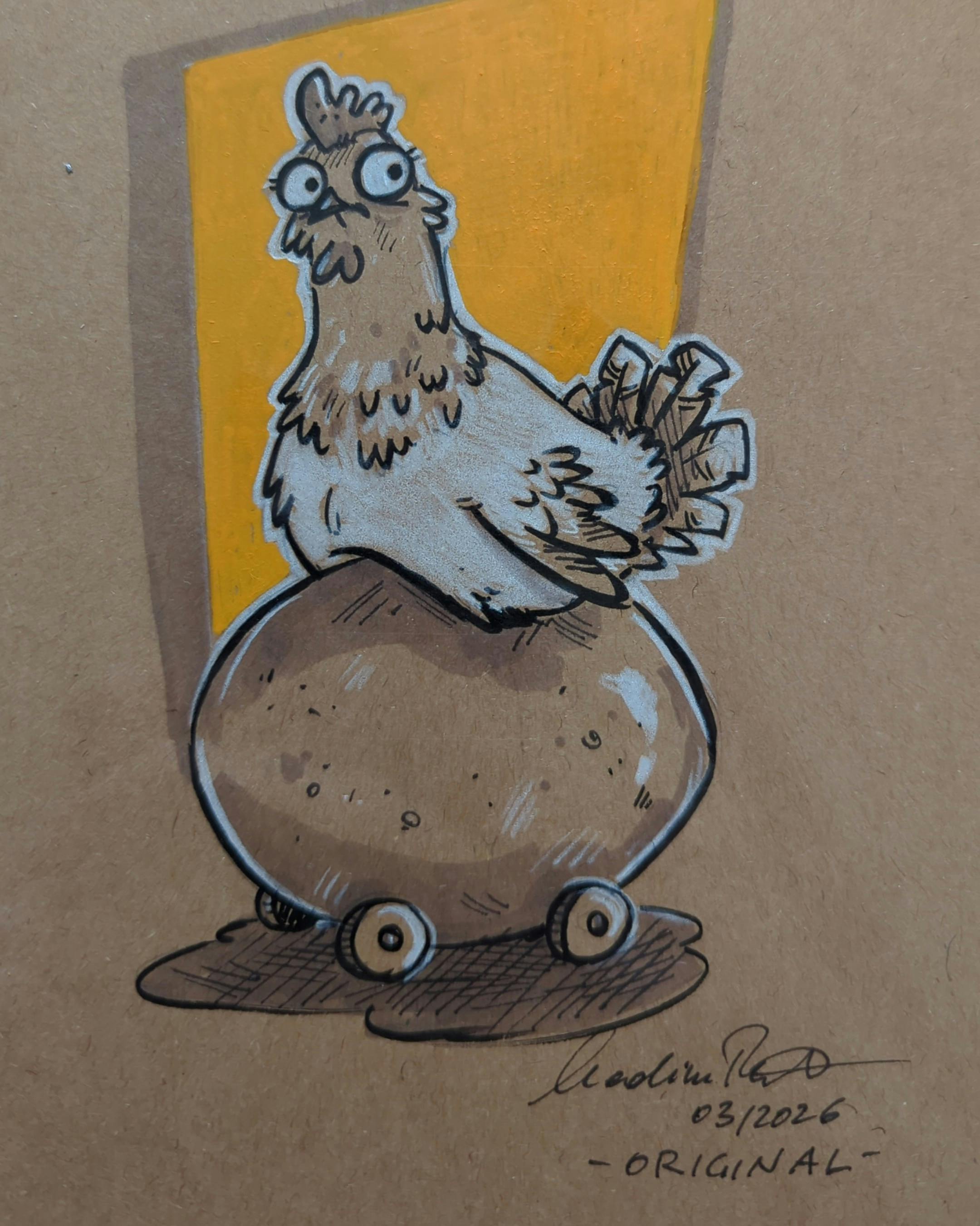 Comic-Huhn auf Ei mit Rädern