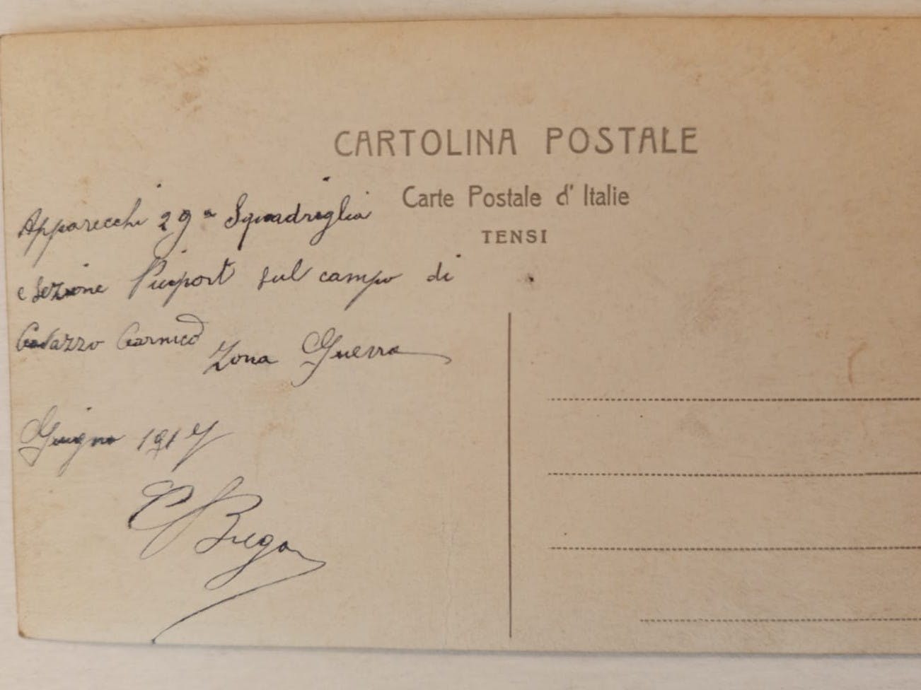 Retro di una cartolina del giugno 1917 che colloca Ettore Macchieraldo nella 29ma Squadriglia Apparecchi a Cavazzo Carnico
