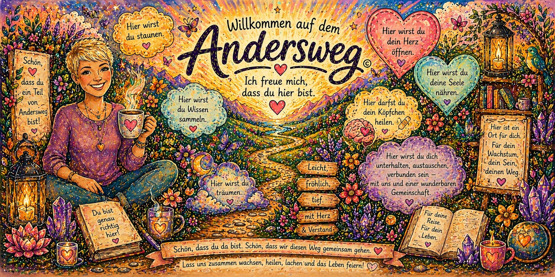 llustration eines liebevollen Willkommens auf dem Andersweg mit Blumen, Weg und Herzbotschaften.