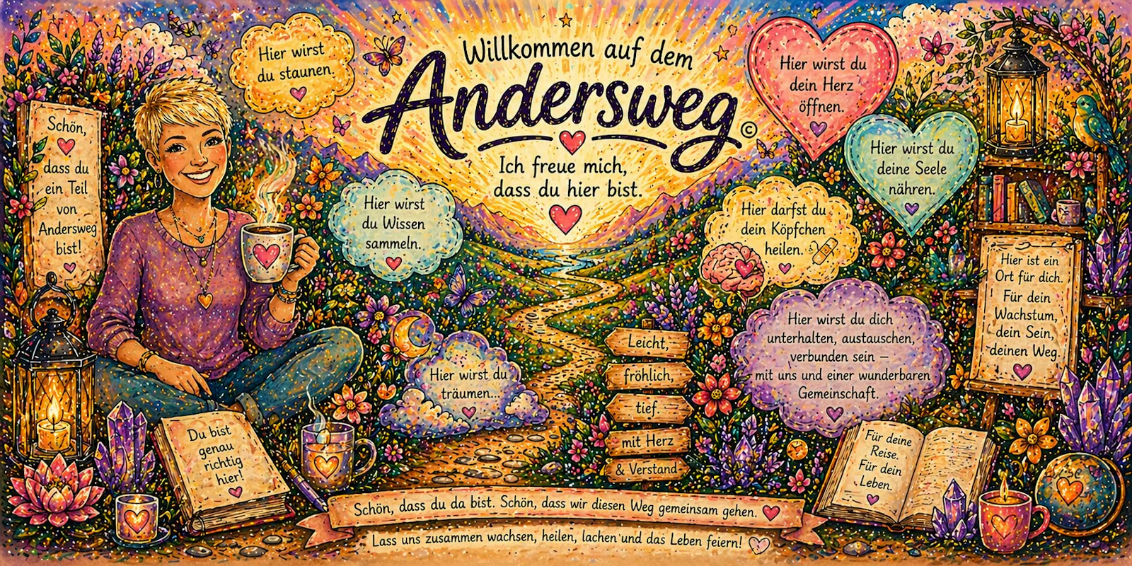llustration eines liebevollen Willkommens auf dem Andersweg mit Blumen, Weg und Herzbotschaften.