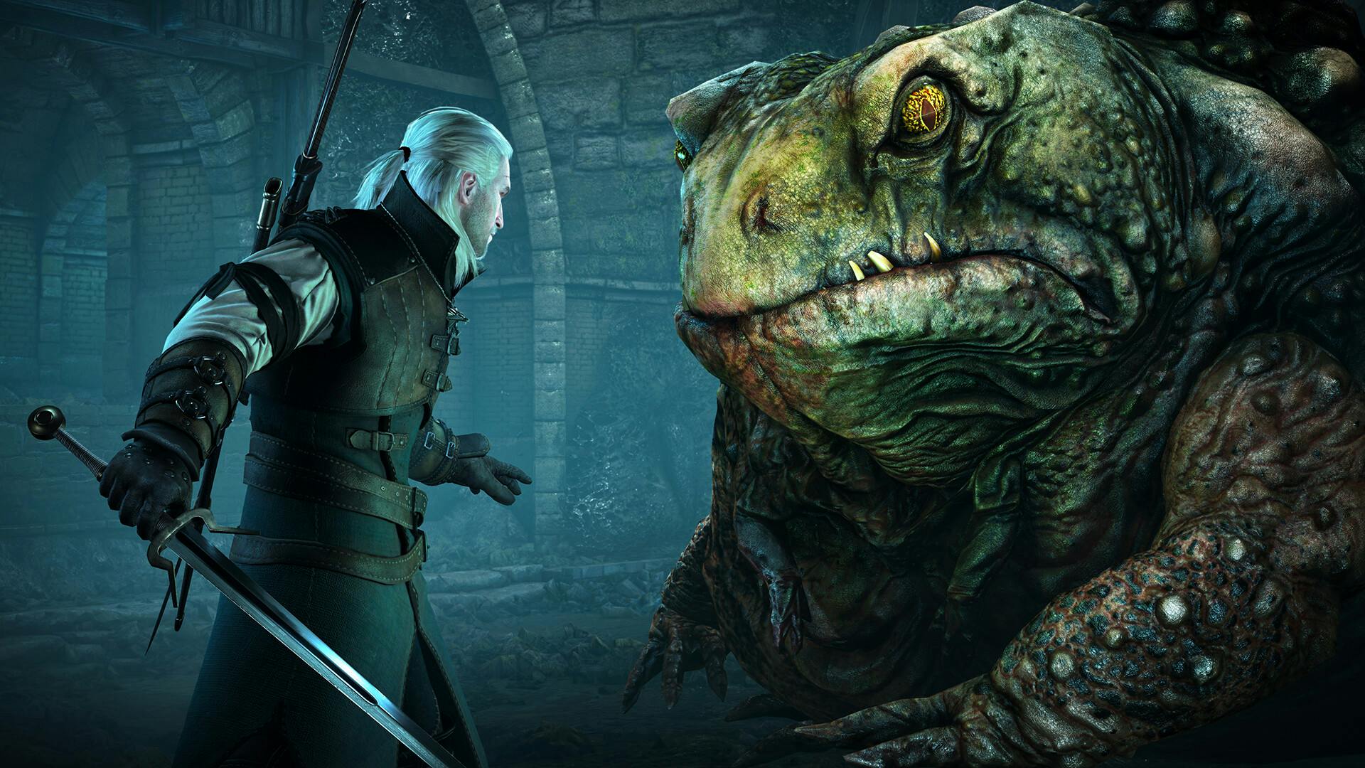 Geralt steht vor einer gigantischen Kröte in einem Verlies