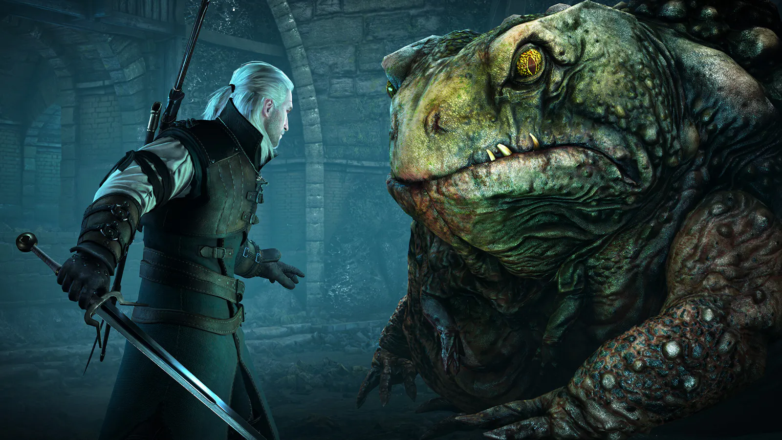 Geralt steht vor einer gigantischen Kröte in einem Verlies