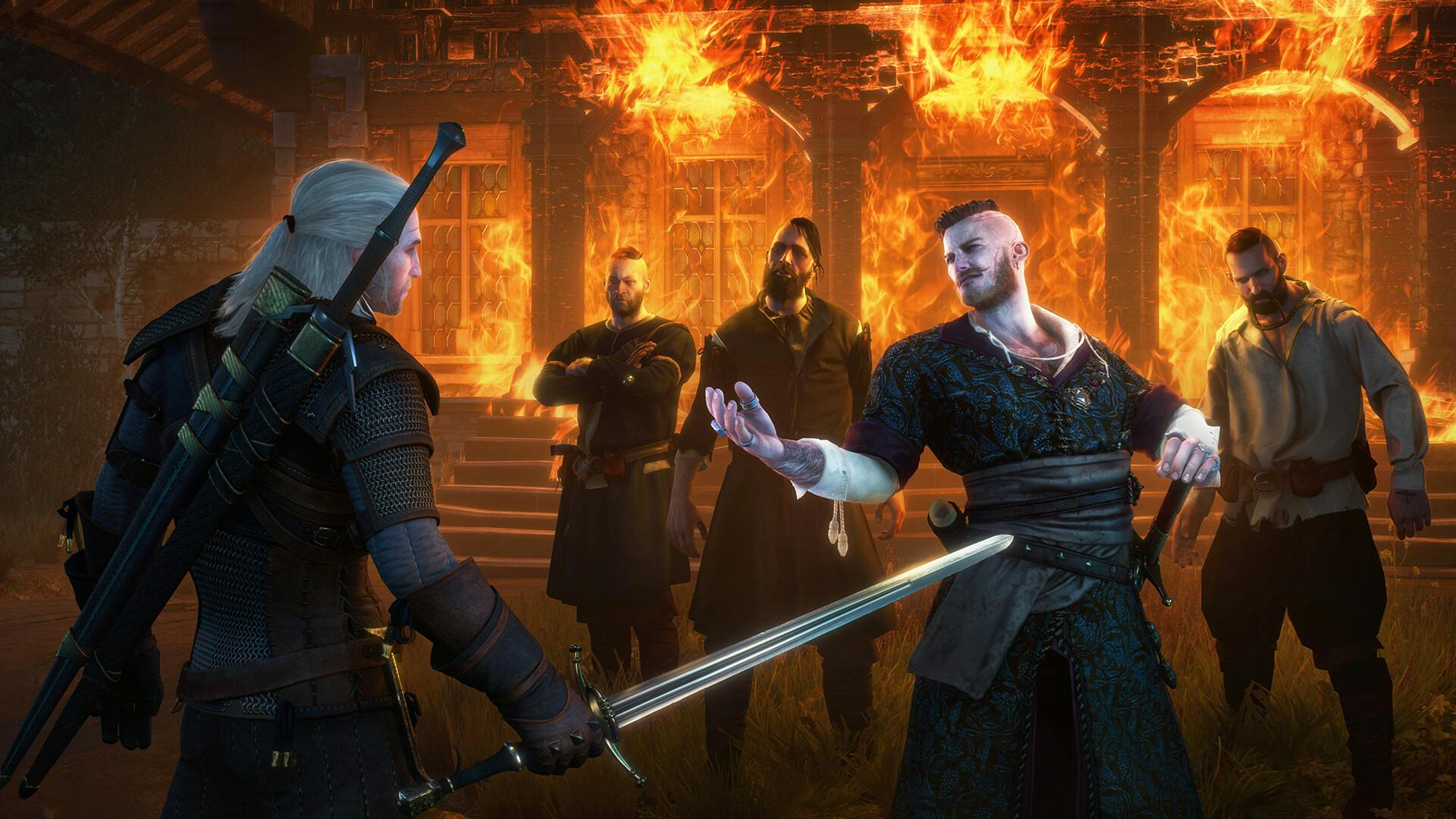Geralt spricht mit Olgierd, hinter dem sich seine Männer versammeln, dahinter ein brennendes Haus. Olgierd wirkt arrogant und selbstsicher