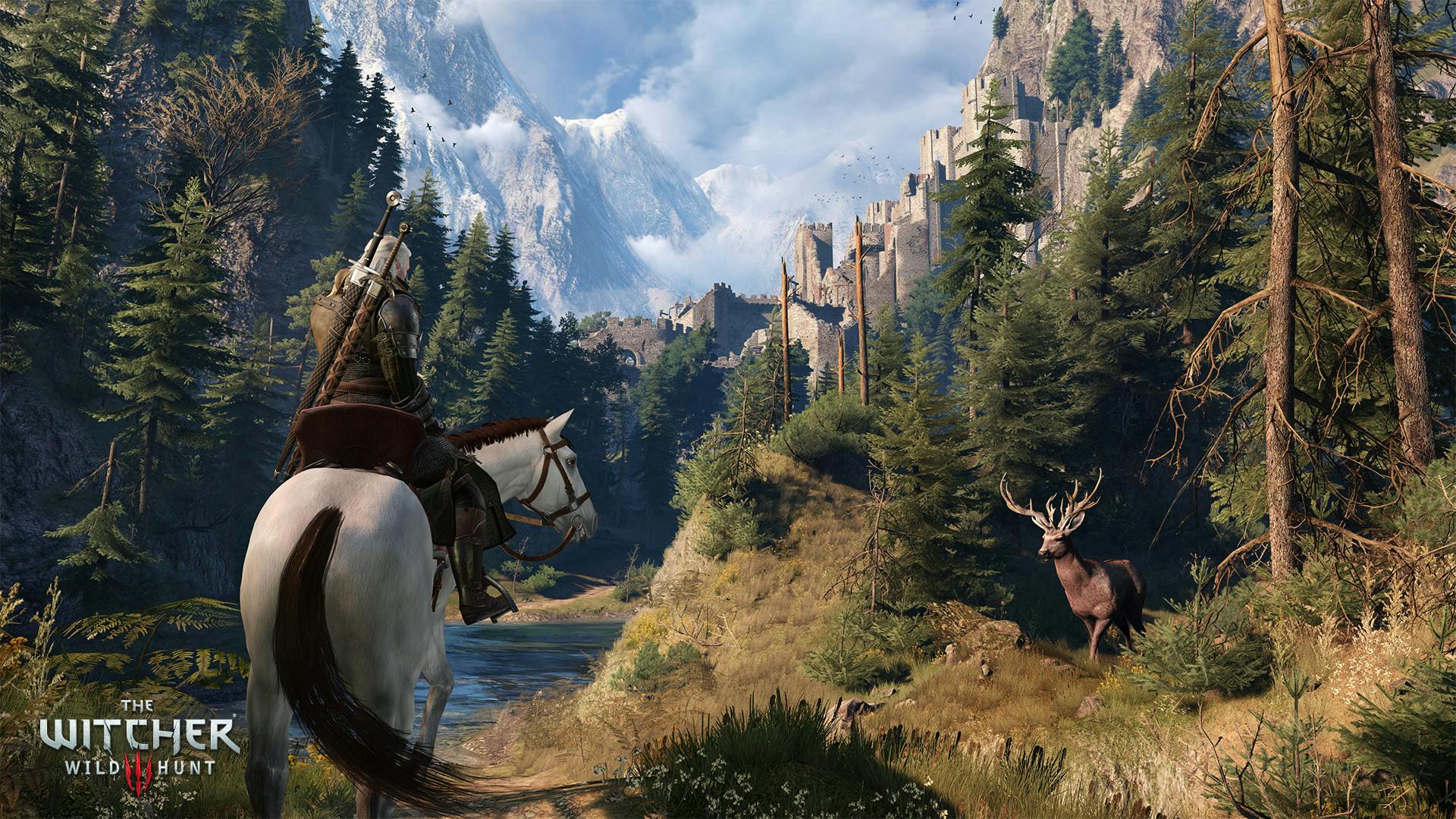 Geralt auf seinem Pferd auf einer Lichtung, in der Ferne ist eine Stadt, zwischen den Bäumen ein Hirsch zu erkennen