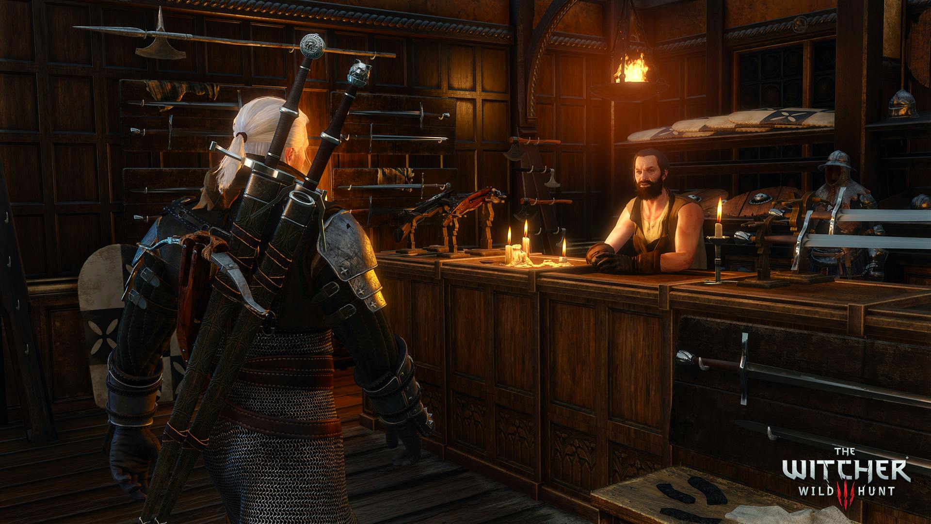 Geralt in einem Waffengeschäft, Schweter auf dem Rücken, vor ihm der Verkäufer hinter dem Tresen
