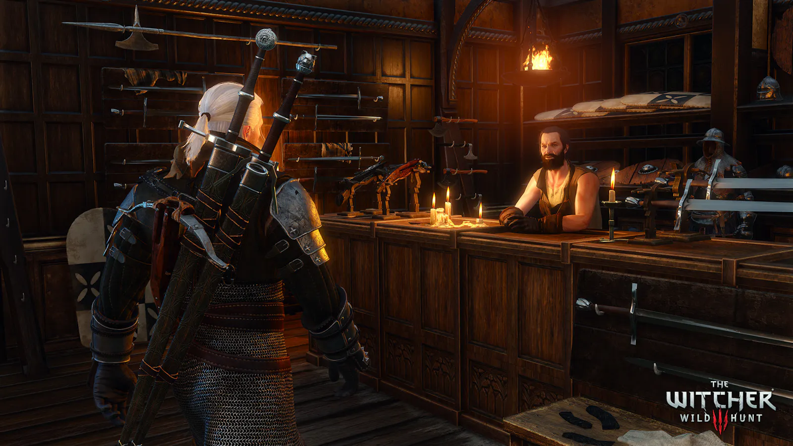 Geralt in einem Waffengeschäft, Schweter auf dem Rücken, vor ihm der Verkäufer hinter dem Tresen