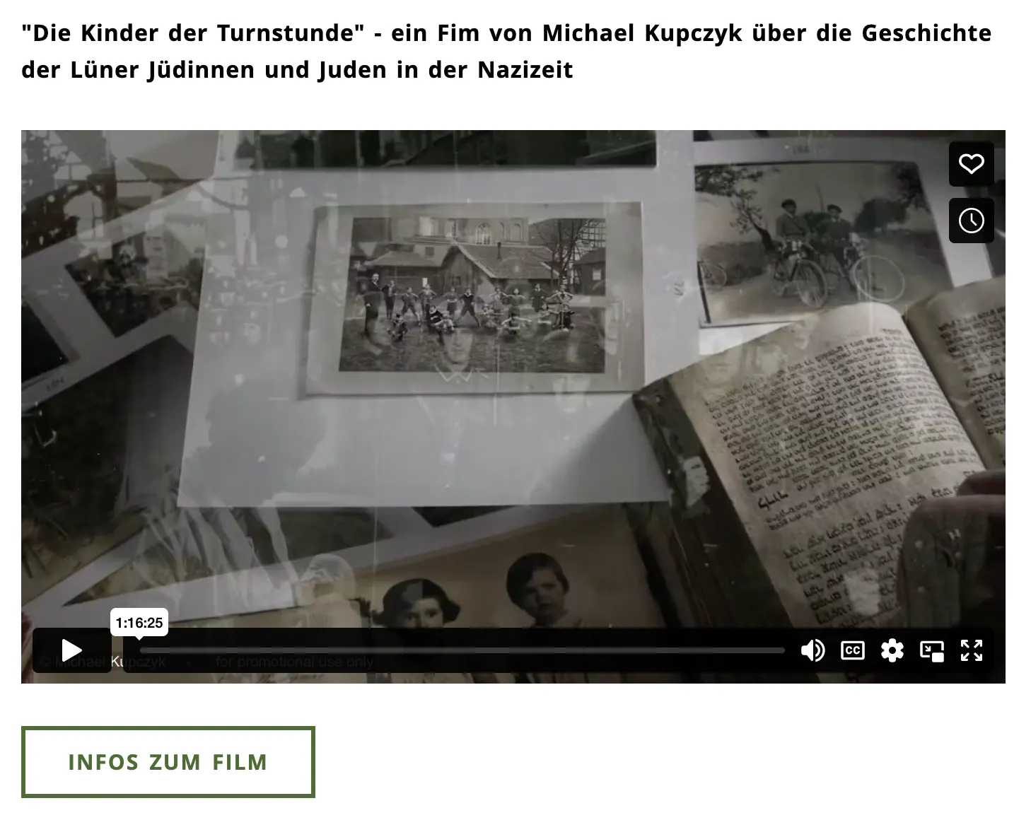 Titelbild des Dokumentarfilms "DieKinder derTurnstunde von Michael Kupczyk. Im Bild: Dokumente,ein Buch, Fotos