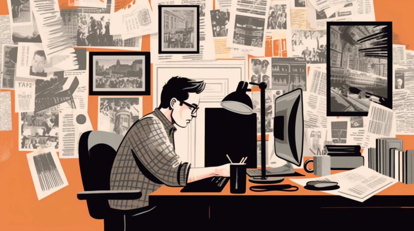 Eine Collage, gezeichnet, mit einem Mann, der am Schreibtisch mit Computer sitzt. An der Wand hinter ihm hängen Zeitungsausschnitte und Bilder.