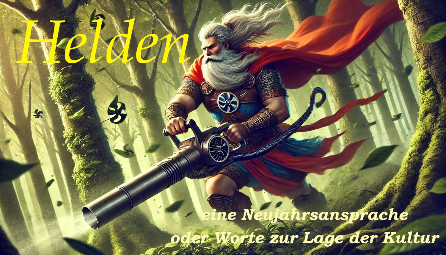 Ein Krieger mit rotem Umhang, weißen langen Haaren und Bart rast mit einem großen Laubbläser durch den Wald