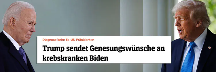 Porträts von Joe Biden und Donald Trump. In der Mitte ein Screenshot einer Spiegel-Online-Überschrift die lautet: Diagnose beim Ex-US-Präsidenten. Trump sendet Genesungswünsche an krebskranken Biden