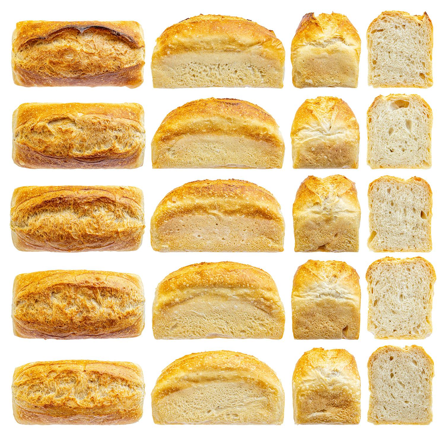 Scheinbar fast identische Brote, aber zwischen dem ersten und dem letzten Brot liegen 8 Stunden Zeitunterschied. Welche Auswirkungen das hat, ist im nachfolgenden Beitrag zu lesen.
