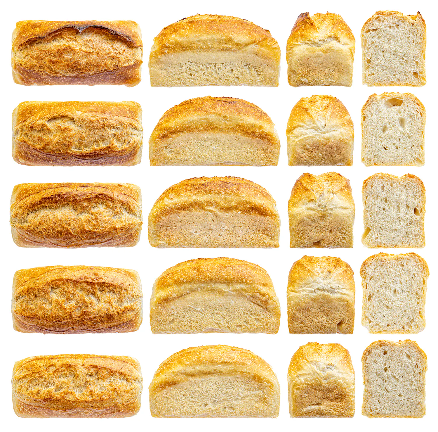 Scheinbar fast identische Brote, aber zwischen dem ersten und dem letzten Brot liegen 8 Stunden Zeitunterschied. Welche Auswirkungen das hat, ist im nachfolgenden Beitrag zu lesen.