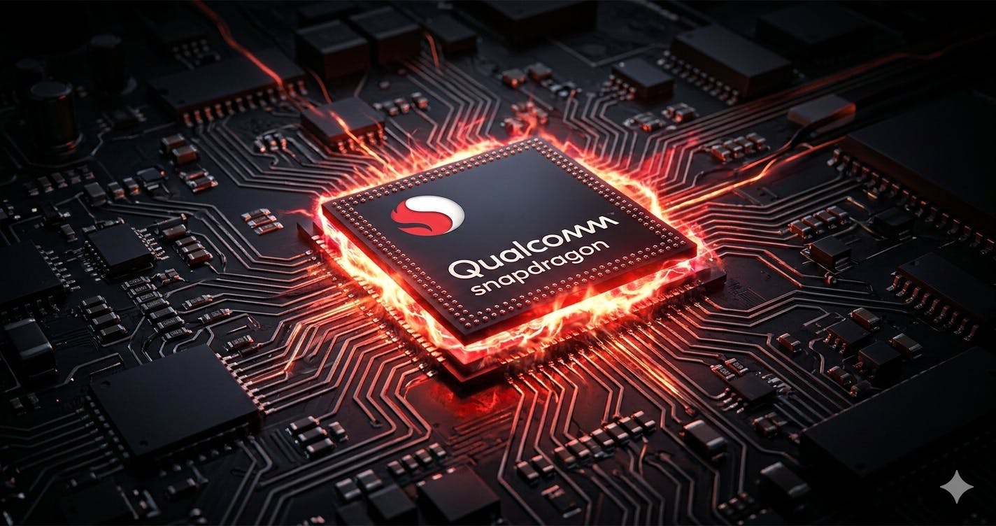 glowing Snapdragon chip on a dark circuit board background - pic stock buyback