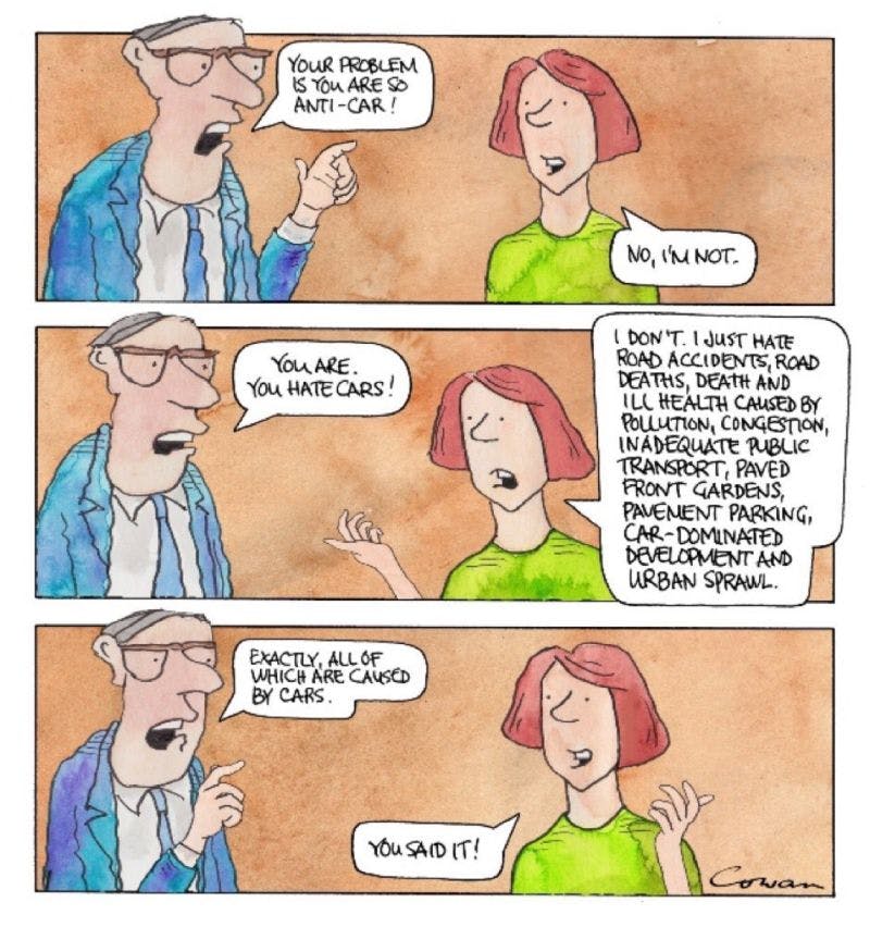 Das Bild ist ein dreiteiliger Comic.

Panel 1:
Ein Mann mit Brille, Anzug und blauem Hemd zeigt mit dem Finger und sagt:
„Your problem is you are so anti-car!“
Eine Frau mit kurzen roten Haaren und grünem Shirt antwortet:
„No, I’m not.“

Panel 2:
Der Mann sagt: „You are. You hate cars!“
Die Frau erwidert:
„I don’t. I just hate road accidents, road deaths, death and ill health caused by pollution, congestion, inadequate public transport, paved front gardens, pavement parking, car-dominated development and urban sprawl.“

Panel 3:
Der Mann sagt: „Exactly. All of which are caused by cars.“
Die Frau antwortet: „You said it!“