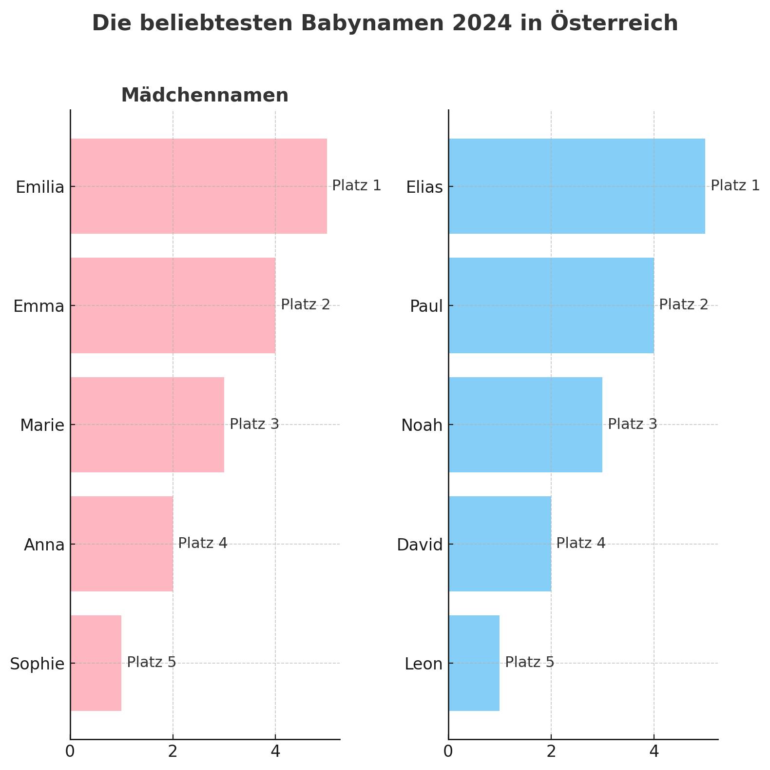 Das Bild zeigt die beliebtesten Babynamen 2024 in Österreich. Links die Mädchennamen: Emilia auf Platz 1, Emma auf Platz 2, Marie auf Platz 3, Anna auf Platz 4 und Sophie auf Platz 5. Rechts die Bubennamen: Elias auf Platz 1, Paul auf Platz 2, Noah auf Platz 3, David auf Platz 4 und Leon auf Platz 5.