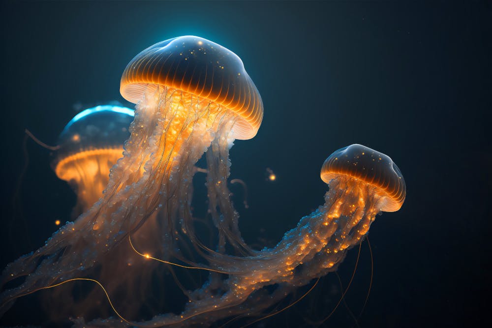 Fotos von Quallen die im dunkelen Wasser angeleuchtet schweben.