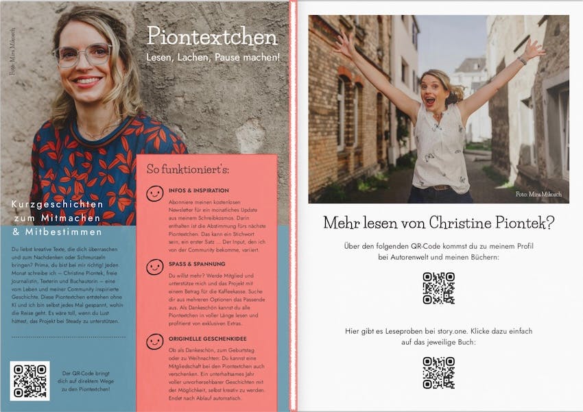 Vorder- und Rückseite eines neuen Werbe-Flyers von Christine Piontek anlässlich des einjährigen Jubiläums der Piontextchen