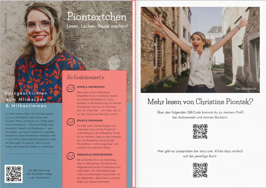 Vorder- und Rückseite eines neuen Werbe-Flyers von Christine Piontek anlässlich des einjährigen Jubiläums der Piontextchen