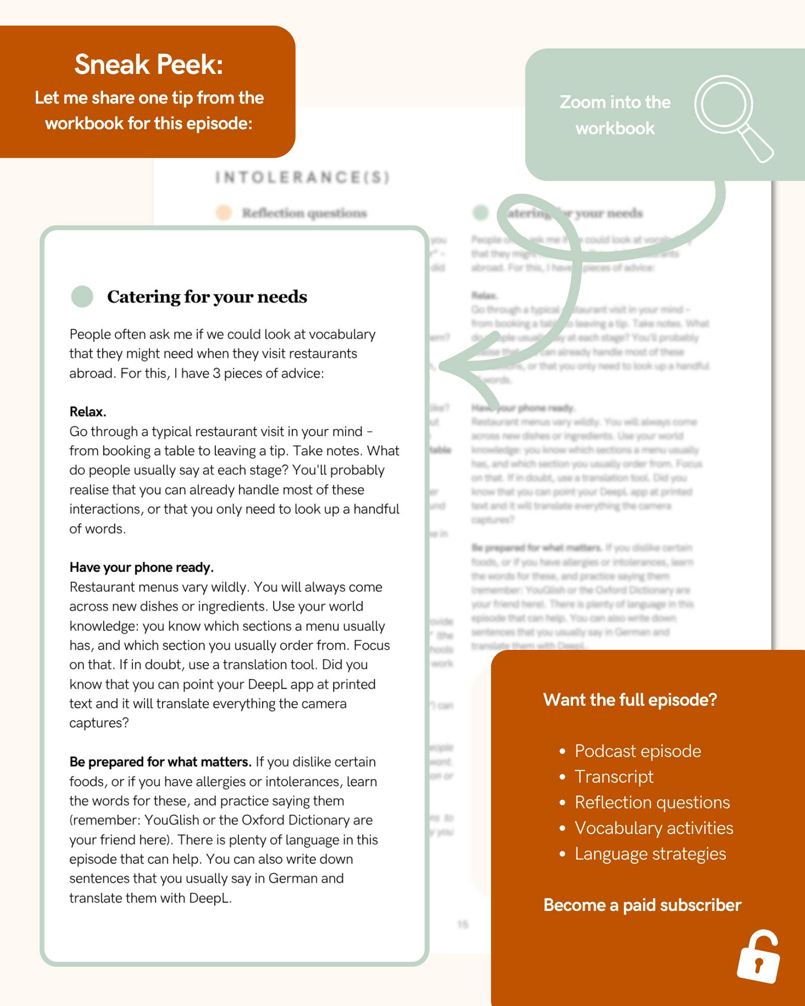 Preview of a workbook activity. It is a close up of 3 tips for handling restaurant visits in countries where you do not speak the language: 1) Relax and remember that you know typical interactions in restaurants. 2) Use translation technology on your phone. 3) Prepare for challenges you usually encounter, such as communicating food intolerances.